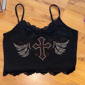 Black Lace Trim biker/ goth Crop Top with Rhinestone Cross Design